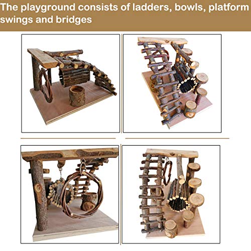 Linifar Hamster Playground Wooden, Small Animal Activity Toys Set – Climbing Ladder/Ramp Bridge/Food Bowl/Hideout Tunnel Stand Platform Chew Toy for Hamster Mouse Gerbil Rat Chinchilla (Playground C)