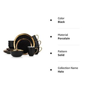 Stone Lain Porcelain 16 Piece Dinnerware Set, Service for 4, Black and Golden Rim