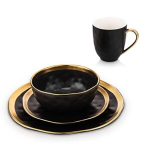 Stone Lain Porcelain 16 Piece Dinnerware Set, Service for 4, Black and Golden Rim