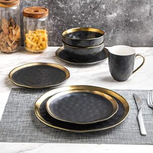 Stone Lain Porcelain 16 Piece Dinnerware Set, Service for 4, Black and Golden Rim