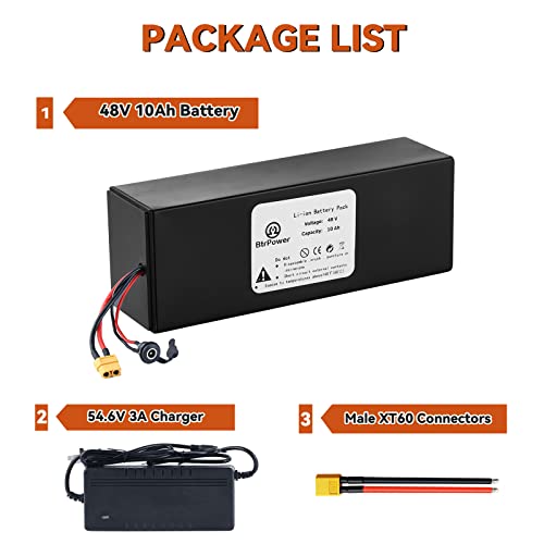 BtrPower 36V 48V Ebike Battery,10AH Lithium ion Battery Pack with 3A Charger and BMS for Electric Bike,Scooter,Motorcycle,250W 350W 500W 750W Motor