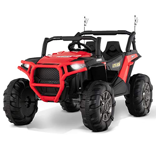 Uenjoy 12V Electric Ride on Cars, Realistic Off-Road UTV, Two Seater Ride On Truck, Motorized Vehicles for Kids, Remote Control, Music, 3 Speeds, Spring Suspension, LED Light (Red)