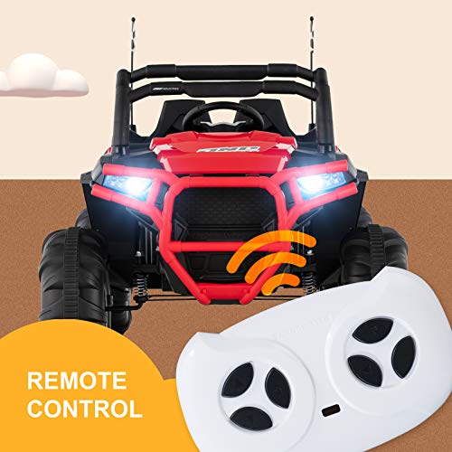 Uenjoy 12V Electric Ride on Cars, Realistic Off-Road UTV, Two Seater Ride On Truck, Motorized Vehicles for Kids, Remote Control, Music, 3 Speeds, Spring Suspension, LED Light (Red)