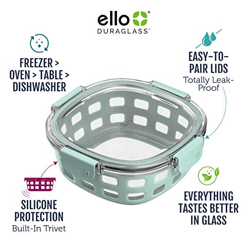 Ello Duraglass Meal Prep Container, 4 Cup- Glass Food Storage Container with Silicone Sleeve and Airtight BPA-Free Plastic Lid, Dishwasher, Microwave, and Freezer Safe, Halogen Blue