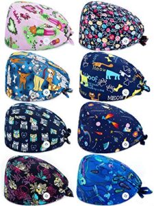 8 pieces working caps with button tie back hats with sweatband for women men (animal style)