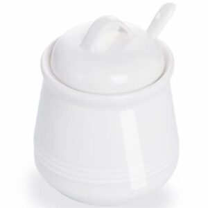 haotop porcelain sugar bowl, ceramic salt bowl with spoon and lid for home and kitchen, 12 ounces (white)