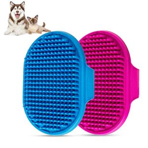 dog bath brush, aoche pet bath comb brush soothing massage rubber comb 2pcs with adjustable ring handle for long short haired dogs and cats (blue+rose)