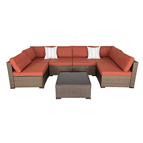 KINTNESS 7pcs Patio Furniture Sets Outdoor Sectional Sofa Rattan Wicker Conversation Set Outside Couch with Cushions and Glass Table