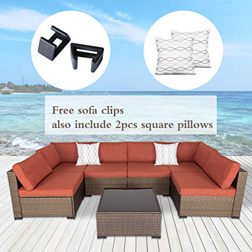 KINTNESS 7pcs Patio Furniture Sets Outdoor Sectional Sofa Rattan Wicker Conversation Set Outside Couch with Cushions and Glass Table