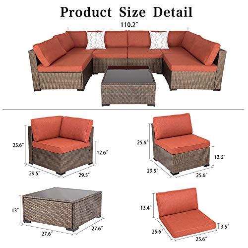 KINTNESS 7pcs Patio Furniture Sets Outdoor Sectional Sofa Rattan Wicker Conversation Set Outside Couch with Cushions and Glass Table