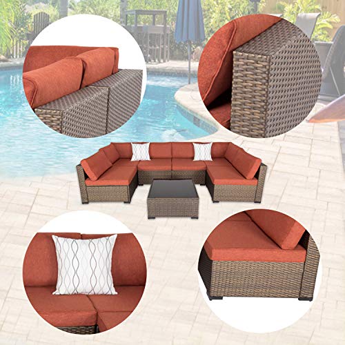 KINTNESS 7pcs Patio Furniture Sets Outdoor Sectional Sofa Rattan Wicker Conversation Set Outside Couch with Cushions and Glass Table