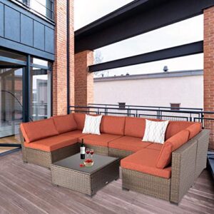 KINTNESS 7pcs Patio Furniture Sets Outdoor Sectional Sofa Rattan Wicker Conversation Set Outside Couch with Cushions and Glass Table