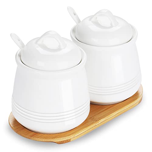 HAOTOP Ceramic Sugar Bowl 2 Pack, PorcelainJar with Tray, Spoon and Lid for Sugar, Pepper, Coffee, Spice, Salt, 12 Ounces (White)