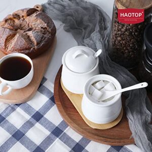 HAOTOP Ceramic Sugar Bowl 2 Pack, PorcelainJar with Tray, Spoon and Lid for Sugar, Pepper, Coffee, Spice, Salt, 12 Ounces (White)