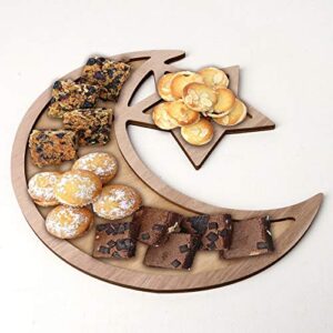 Forart Ramadan Tray Wooden Rustic Crescent Moon Star Eid Mubarak Party Serving Tableware Tray Table Decor Dessert Tray Food Serving Tray