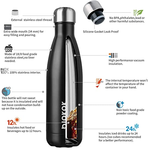 BJPKPK Insulated Water Bottles -17oz/500ml -Stainless Steel Water bottles,Sports water bottles Keep cold for 24 Hours and hot for 12 Hours,BPA Free kids water bottles for School-Black