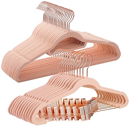 SONGMICS 50 Velvet Coat Hangers Bundle with 24 Pants Hangers, Rose Gold Hooks, Space-Saving Closet Organizers for Pants, Skirts, Dresses, Jackets, Light Pink UCRF21PK50 and UCRF14PK24