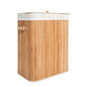 Double-Lattice Bamboo Folding Basket Body with Cover Wood Color Slim Laundry Baskets Dirty Laundry Hamper Basket Home Corner Bin MITPATY