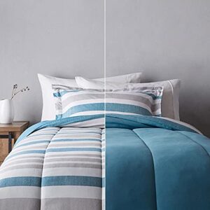 amazon basics ultra-soft lightweight microfiber reversible comforter bedding set, twin/twin xl, teal/beige stripes