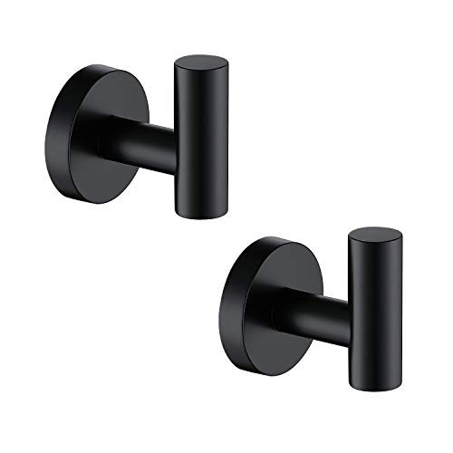 TASTOS Matte Black Bathroom Towel Coat Hook Stainless Steel, 2 Pack Robe Clothes Cabinet Closet Sponges Hooks Holder Round Style Heavy Duty Wall Hook for Bathroom Kitchen Hotel Wall Mounted