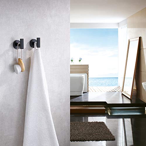 TASTOS Matte Black Bathroom Towel Coat Hook Stainless Steel, 2 Pack Robe Clothes Cabinet Closet Sponges Hooks Holder Round Style Heavy Duty Wall Hook for Bathroom Kitchen Hotel Wall Mounted