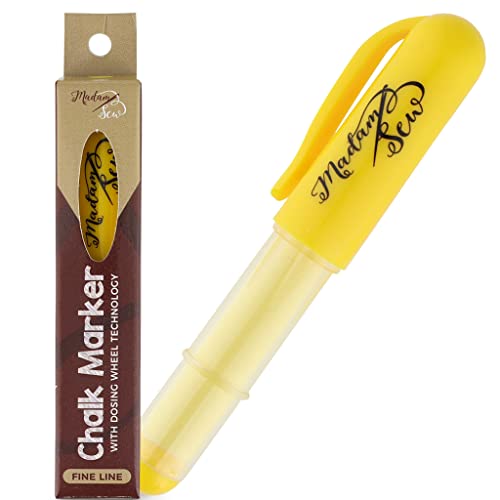 Madam Sew Chalk Fabric Marker for Sewing, Quilting & Crafting | Yellow | Tailors Liner Pen Creates Consistent Erasable Lines with Dosing Wheel Technology | Works on Cotton, Knit, Suede & All Fabrics