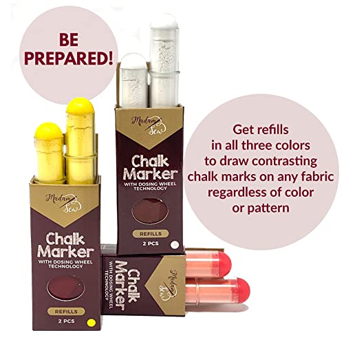 Madam Sew Chalk Fabric Marker for Sewing, Quilting & Crafting | Yellow | Tailors Liner Pen Creates Consistent Erasable Lines with Dosing Wheel Technology | Works on Cotton, Knit, Suede & All Fabrics