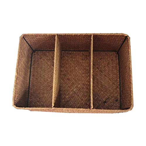 DOITOOL Wicker Storage Basket Coffee Station Organizer Handwoven Natural Seagrass Storage Baskets Rectangular Handmade Wicker Baskets 3 Section Tray Wicker Storage Basket Coffee Station Organizer