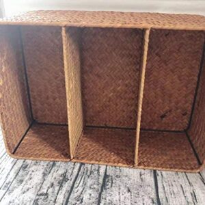 DOITOOL Wicker Storage Basket Coffee Station Organizer Handwoven Natural Seagrass Storage Baskets Rectangular Handmade Wicker Baskets 3 Section Tray Wicker Storage Basket Coffee Station Organizer