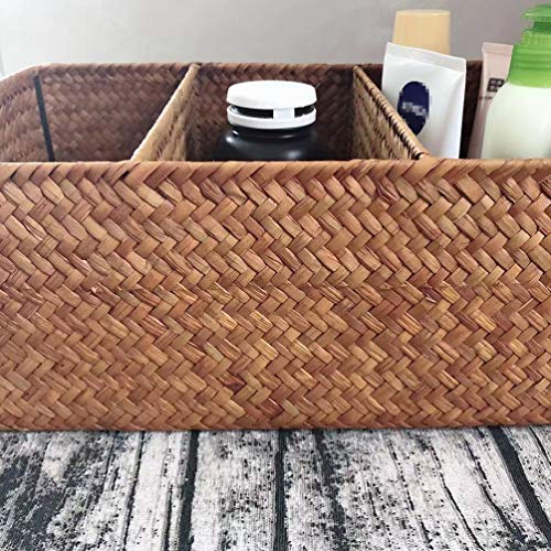 DOITOOL Wicker Storage Basket Coffee Station Organizer Handwoven Natural Seagrass Storage Baskets Rectangular Handmade Wicker Baskets 3 Section Tray Wicker Storage Basket Coffee Station Organizer