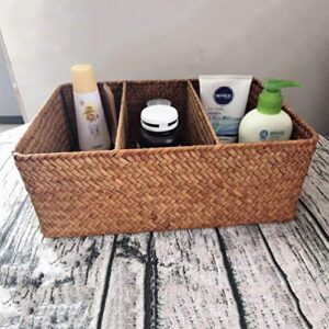 DOITOOL Wicker Storage Basket Coffee Station Organizer Handwoven Natural Seagrass Storage Baskets Rectangular Handmade Wicker Baskets 3 Section Tray Wicker Storage Basket Coffee Station Organizer