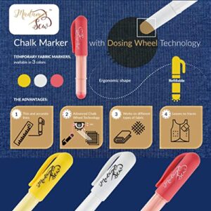 Madam Sew Chalk Fabric Marker for Sewing, Quilting & Crafting | White |Tailors Liner Pen Creates Consistent Erasable Lines with Dosing Wheel Technology | Works on Cotton, Knit, Suede, and All Fabrics