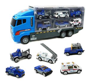 smart novelty die cast emergency trucks vehicles toy cars play set in carrier truck - 7 in 1 transport truck emergency car set for kids gifts (police vehicle set)