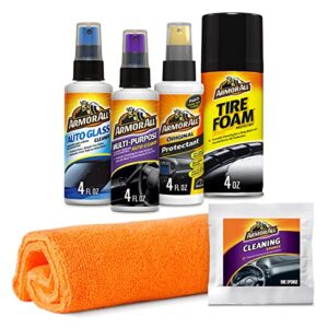 car wash and car interior cleaner kit by armor all, includes towel, tire foam, glass spray, protectant spray and cleaning spray