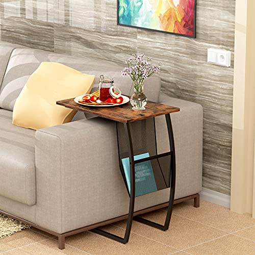 EKNITEY C Shape Side Table - End Table Vintage Small Sofa Table Couch Table with Storage Side Pocket for Living Room Bedroom Coffee Snack Laptop and Small Spaces