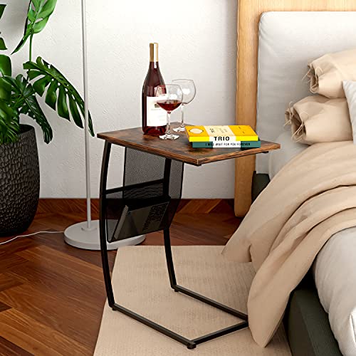 EKNITEY C Shape Side Table - End Table Vintage Small Sofa Table Couch Table with Storage Side Pocket for Living Room Bedroom Coffee Snack Laptop and Small Spaces