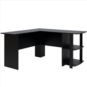 wooden desk for office,l-shaped wood right-angle computer desk with two-layer bookshelves, black