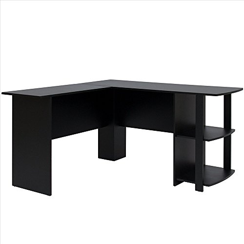 Wooden Desk for Office,L-Shaped Wood Right-Angle Computer Desk with Two-Layer Bookshelves, Black