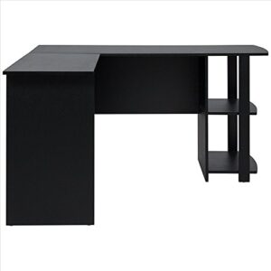 Wooden Desk for Office,L-Shaped Wood Right-Angle Computer Desk with Two-Layer Bookshelves, Black