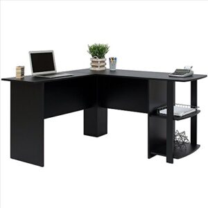 Wooden Desk for Office,L-Shaped Wood Right-Angle Computer Desk with Two-Layer Bookshelves, Black