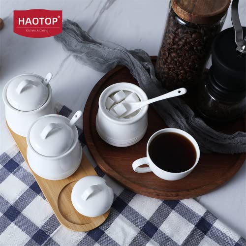 HAOTOP Porcelain Condiment Jar 3 Pack Set with Tray, 12 Ounces White