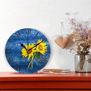 Oreayn Wooden Sunflower Wall Clock for Home Office Bedroom Living Room Decor Non Ticking Yellow Blue