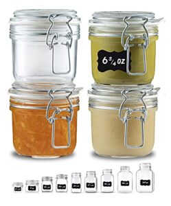 bormioli rocco glass fido jars - hermetic sealed hinged airtight lid for fermenting, pantry, kitchen storage, bulk food storage containers, with paksh chalkboard labels (2 pack) (6 3/4 ounce (4 pk))