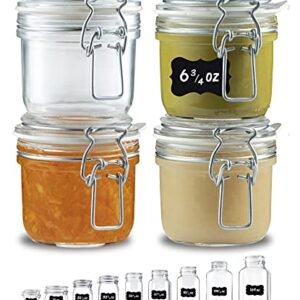 Bormioli Rocco Glass Fido Jars - Hermetic Sealed Hinged Airtight Lid for Fermenting, Pantry, Kitchen Storage, Bulk Food Storage Containers, With Paksh Chalkboard Labels (2 Pack) (6 3/4 Ounce (4 Pk))