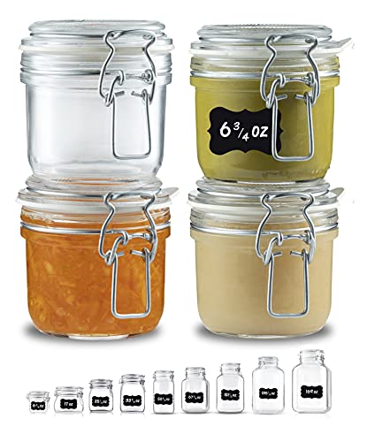 Bormioli Rocco Glass Fido Jars - Hermetic Sealed Hinged Airtight Lid for Fermenting, Pantry, Kitchen Storage, Bulk Food Storage Containers, With Paksh Chalkboard Labels (2 Pack) (6 3/4 Ounce (4 Pk))