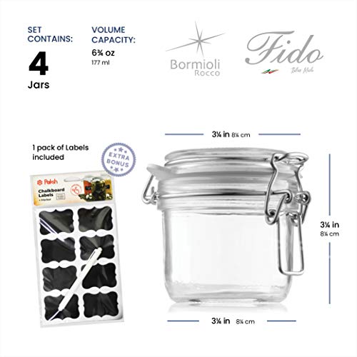 Bormioli Rocco Glass Fido Jars - Hermetic Sealed Hinged Airtight Lid for Fermenting, Pantry, Kitchen Storage, Bulk Food Storage Containers, With Paksh Chalkboard Labels (2 Pack) (6 3/4 Ounce (4 Pk))