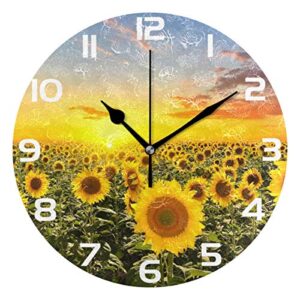 oreayn sunset sunflower field wall clock for home office bedroom living room decor non ticking colorful