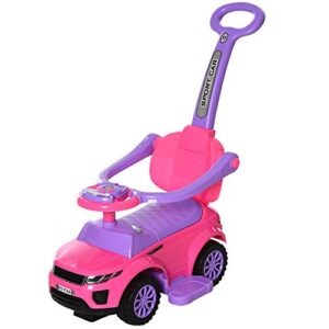 aosom 3 in 1 push cars for toddlers kid ride on push car stroller sliding walking car with horn music light function secure bar ride on toy for boy girl 1-3 years old pink