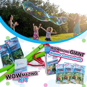 wowmazing giant bubble wands kit & bubble refills: includes wand, 5 big bubble concentrate pouches and tips & trick booklet | outdoor toy for kids, boys, girls | bubbles made in the usa