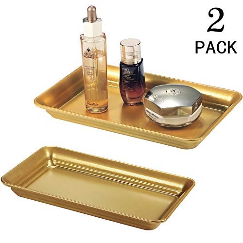 Vintage Farmhouse Decor Metal Vanity Tray(2 Pack),Countertop Guest Hand Towel Storage Organizer Tray Dispenser, Sturdy Holder for Perfume,Cosmetics, Jewelry, Makeup Bathroom Organizer (Gold)